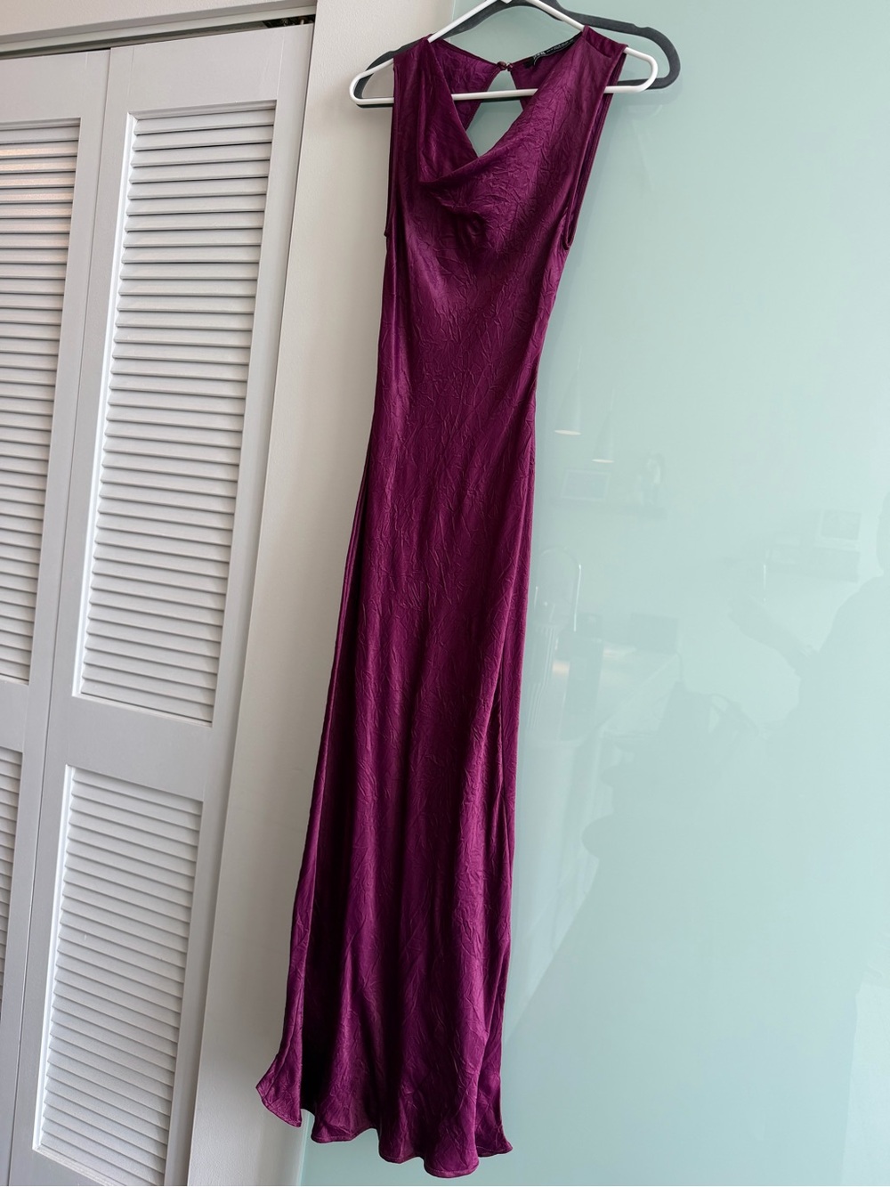 ZARA Satin Effect Sleeveless Cowl Neck backless Dress in Berry Plum